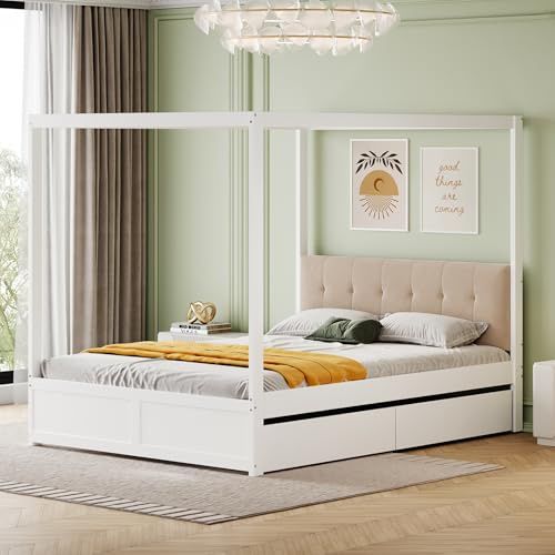 Himmelssäng 140 x 200 cm med tältstruktur och lagringsutrymme – vit träsäng med vadderat ryggstöd, 2 stora lådor för leksaker och kläder, elegant design, robust, perfekt för barnrum
