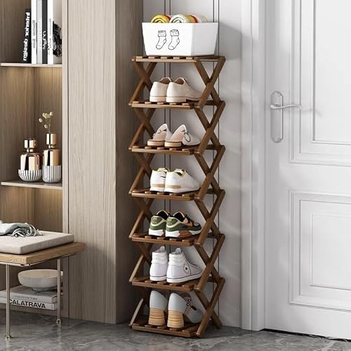 XZXWZX 7 Tier Foldable Shoe Rack, Bamboo Vertical Shoe Organizer Tall for Multifunctional Narrow Shoe Shelf for Entryway, Closet, Corner, Bedroom, Hallway(Brown)