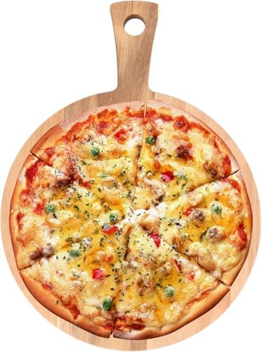 SHUESS Plato de pizza de madera, 1 pieza de tabla para pizza, accesorio para pizza en casa, tabla de cortar redonda 40 cm, plato de pizza para pizza, pan y mucho más