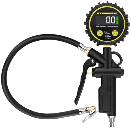 ATsafepro Numérique Gonfleur Pneus Voiture 14 Bar 200 PSI,3-en-1 Professionnel Numérique Manomètre Pression Pneu Haute Précision 0.01Bar 4 Unités, Accessoires Voiture Pour Vélo, Camion, Moto