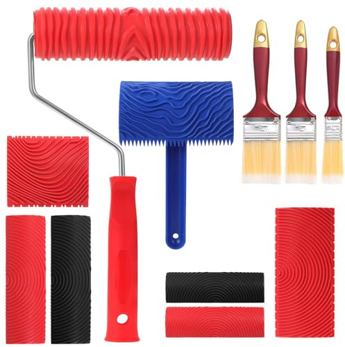Herramienta de Grano de Madera, Juego de 8 Herramientas para Pintar en Madera, Herramienta para Pintar de Caucho Rojo, Herramienta de Madera con 3 Pinceles, para Pintar Paredes de Muebles