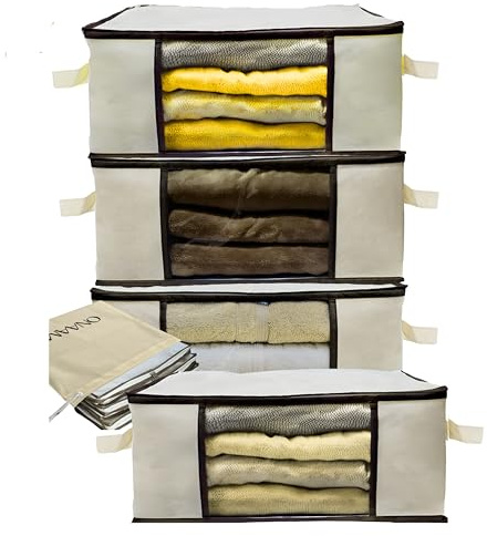 ONAAM Cajas de Almacenaje Plegables 35L – Organizadores de Ropa y Armario, Bolsas de Tela Resistentes con Cremallera, Ventana y Asas – Almacenamiento Bajo Cama para Hogar y Mudanzas – Pack de 4