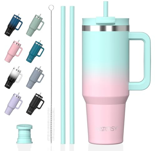 WATERSY 891 ml Termo con Asa, Taza Termica de Café Acero Inoxidable para Frío y Caliente, 30oz Vaso Termico con 2 Pajita, Travel Mug Doble Pared, para Gimnasio, Viaje (Verde-Rosa)