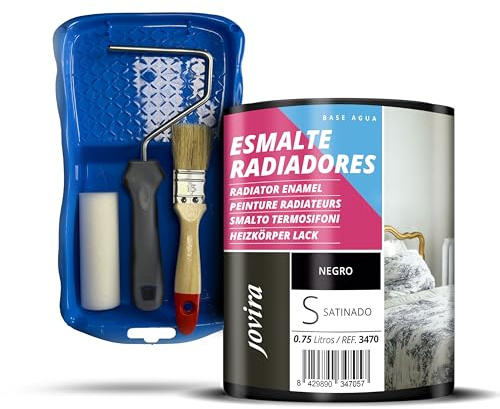 JOVIRA PINTURAS - 750 ml - Diretto Termosifoni Satinato, Smalto per radiatori a base d'acqua. Decora e protegge tutti i tipi di radiatori ad acqua e tubi di riscaldamento. (750 ml, Nero + Kit Smalto)