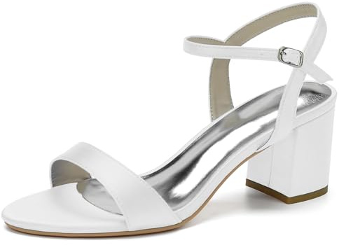 HFWXYSA Scarpe da Sposa con Tacco Largo in Raso da Donna Punta Aperta Décolleté con Cinturino alla Caviglia Scarpe da Matrimonio da Ballo,Bianca,38 EU