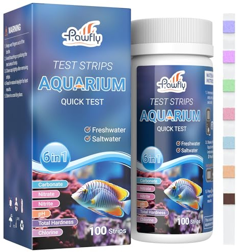Pawfly 100 Pcs Aquarium Test Strips 6 in 1 Digital Water Testing Kit, Fish Tank Testing Strips for pH Nitrate Nitrite Chlorine Total Hardness & Carbonate, Fresh/Salt Aquarium Water Test Kit