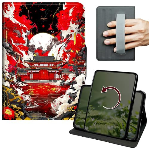 Dikoer Case for Amazon Kindle Fire HD 8 & 8 Plus (12th/10th Generation, 2024/2022/2020), 360 Degree Rotation Lightweight PU Leather Stand Cover with Hand Strap for Women Men, Red Wave Pavilion