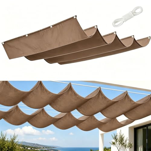 Toldo Retráctil con Forma de Onda 6 x 8 m Ajustable Protección Solar Impermeable Rectangular PES Cortaviento Lona Sombra Exterior para Terraza Jardín, marrón