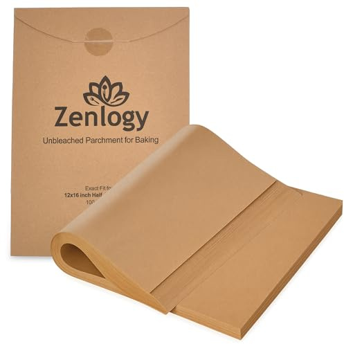 Zenlogy Parchment Paper Sheets 12x16 (100 sheets) for Baking - Unbleached Chlorine-free High Heat Non-Stick Pre-Cut Parchment Paper for Half Sheet Pans