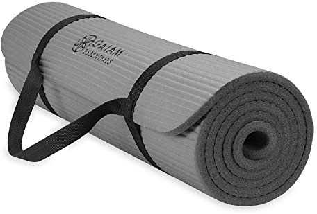 Gaiam Essentials Thick Yoga Mat Fitness & Exercise Mat with Easy-Cinch Carrier Strap, Grey, 72L X 24W X 2/5 Inch Thick, 10mm