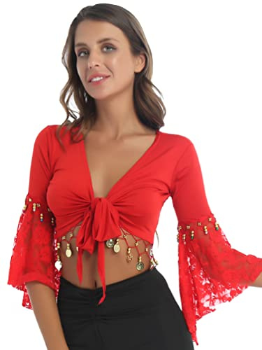 YiZYiF Dam tofs magdans topp spets bolero crop top cardigan trumpetärmar topp omlottklänning för dansklänning Belly Dance