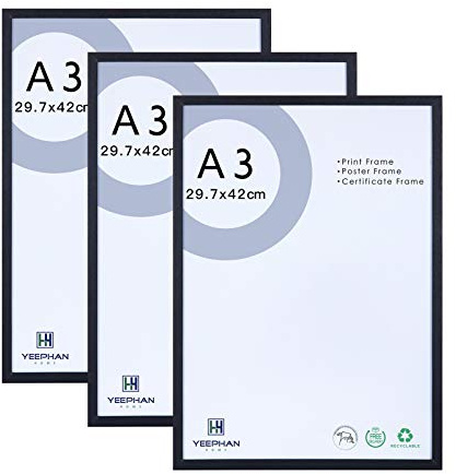 A3 Picture Frames - Solid Wood Black Photo Frame with Perspex Front | 29.7x42cm Photo Frame for Wall Mount and Home Decor, Set of 3