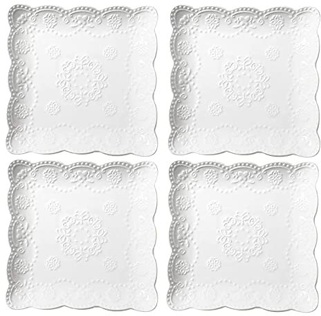 Eplze YBK Tech Elegant Square Embossed Lace Plates, Porcelain Dessert Plates for Breakfast Afternoon Tea, Set of 4 (10-inch)