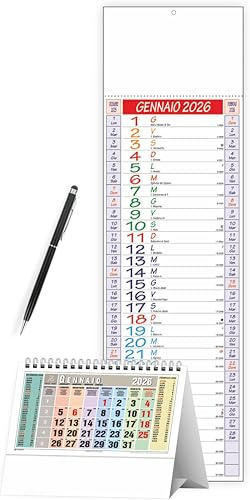Calendario 2026 da Parete – Modello silhouette da Muro 14x47 cm cm con Campo Note – + OMAGGIO Calendario da Tavolo e Penna Touch Slim (Multicolore)