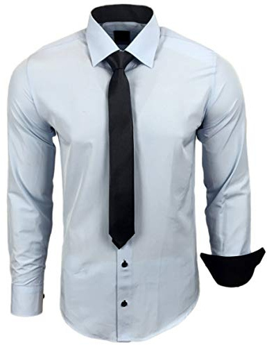 Baxboy 444-BK Herren Kontrast Hemd Business Hemden mit Krawatte Hochzeit Freizeit Fit, Farbe:Hellblau, Größe:S