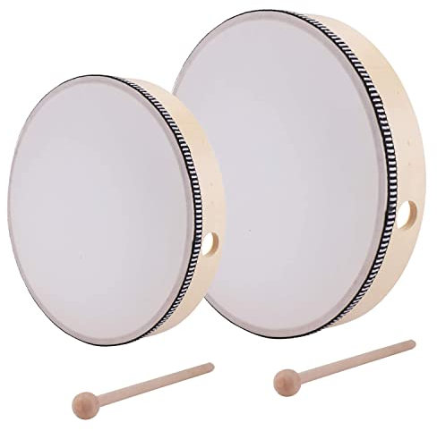 DRERIO 2 Pcs Hand Drum Set - 10 Inch & 8 Inch Wooden Frame Drum with Stick for Toddler, Kids Dance & Song Accompaniment