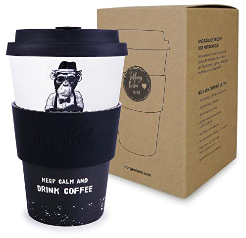Morgenheld Taza de Café para Llevar, Monkey, Porcelana Coffee to go Vaso con Tapa 380ml