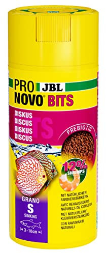 JBL PRONOVO BITS GRANO, Hauptfutter für für Diskus und Buntbarsche von 3-10 cm, Klickdosierer, Fischfutter-Granulat, Größe S, 250 ml