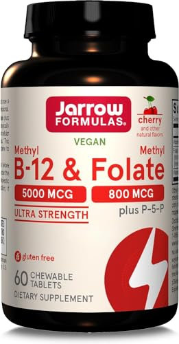 Jarrow Formulas, Methyl B12, 5.000mcg/Methyl Folate 800mcg, Deposito per 10 Giorni, Gusto Ciliegia, 60 Compresse vegane, Testate in Laboratorio, Senza Glutine, Vegetariane, Senza Soia, Senza OGM