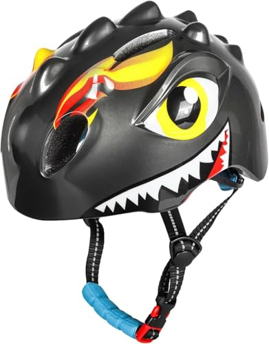 Funthy Cykelhjälm för barn med LED-ljus | söt 3D-dinosaurier säkerhet hjälm för flickor, pojkar 3-8 år | Justerbar andningsbar barnhjälm för cykel, skateboard, skoter, skridskoåkning, mörkgrå