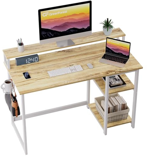 GreenForest Computer Desk with Full Monitor Stand,100 cm Home Office Desk with Reversible Storage Shelves,Small Study Desk with Headphone Hook and Cup Holder,Oak