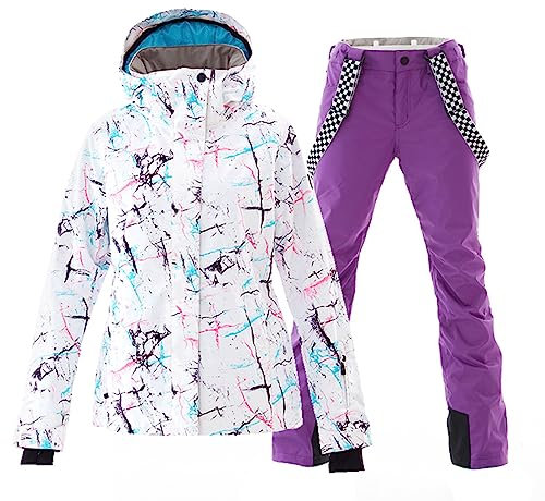 ALSOGO Damen Skianzug Schneeanzug Winddicht Wasserdicht Skifahren Snowboardjacke Trägerhose Set Zum Skifahren Snowboarden Klettern SMNWT+Purple M