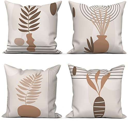 ASDCXZ Boho Kissenbezug 45x45 cm 4er Set, Modern Abstrakt Kunst Braun Blätter Beige Sofa Dekokissen Kissenbezüge Kissenhülle Waschbar Polyester Flachs Textil Outdoor Kopfkissenbezug Kissen Bezug