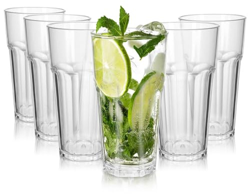 Set med 6 återanvändbara plastdricksglas i premiumkvalitet - 420 ml - Transparent akryl - Spricksäkra - Stapelbara - Diskmaskinställda - För hemmet, picknick
