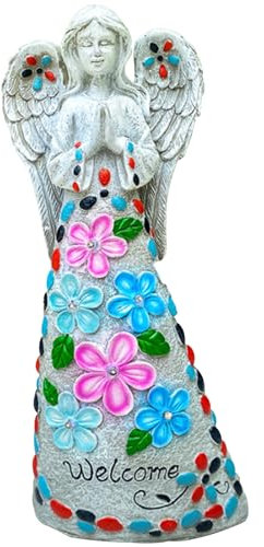 Ange de jardin avec 6 LED, solaires de 14,2 pouces, ange lumineux, statue d'ange résine, statues de jardin en plein air pour patio, cour, tombe, jardin, statues extérieures, sculptures de jardin