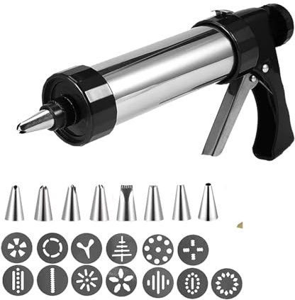 Stainless Steel Pastry Syringe DIY Manual Cookie Presses Stainless Steel Piping Nozzles Biscuit Make Cake Decoration Tools With 13 Discs And 8 Icing Household Cake Syringe Set
