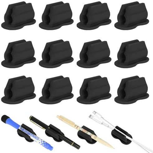 Biottro Adhesive Pen Pencil Holder for Desk Wall, 12PCS Marker Holder for Whiteboard Silicone Pen Holder for Clipboard Office Essentials Teacher Supplies (12PCS Black)