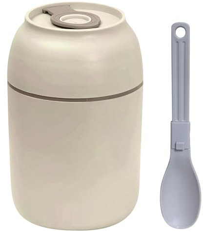 Thermobehälter für Essen, 500ml Edelstahl Thermos Essensbehälter mit klappbarem Löffel und Tragering, Thermo Lunchbox für Joghurt Müsli, Babynahrung, Suppe, Porridge,Beige