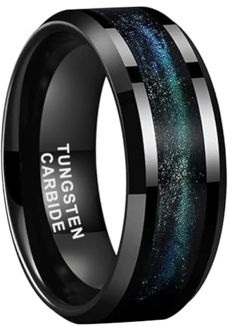 TUTISS 8mm Black Tungsten Rings for Men Women Blue Green Flowing Sand Inlay Engagement Promise Wedding Band Beveled Polished Shiny Comfort Fit Size 10