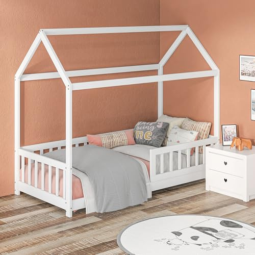 HOMCOM Toddler Bed Kids Single Bed Frame, House-Shaped Solid Pine Wood with Guard Rails for Kids Boys and Girls, White