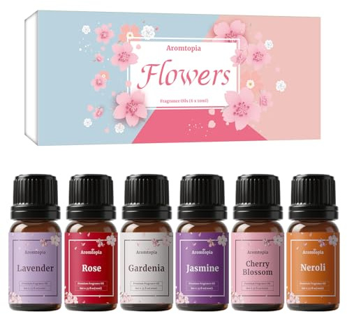Flowers Fragrance Oils, Aromtopia Floral Essential Oils for Diffusers for Home, 6x10ml, Fragrance Oil for Soap Candle Making, Lavender, Rose, Gardenia, Cherry Blossom, Jasmine, Neroli