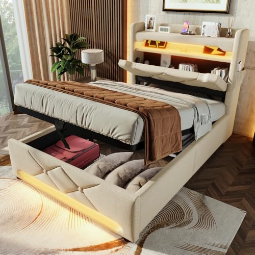 Lubvtti Cama Acolchada con LED y Puerto de Carga USB&Type-C,Cama Individual con Almacenamiento,cabecero con contenedor,Cama con almacenaje,Sistema hidráulico,Lino (Beige,90x200)