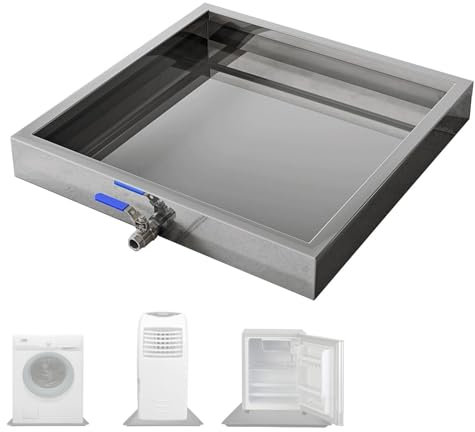 Vasca Contenimento Liquidi in Acciaio Inox 201, 65x65 cm, Vaschetta Raccogli-Olio Anti-Perdita con Valvola di Scarico, per Uso Industriale, Frigorifero e Lavatrice