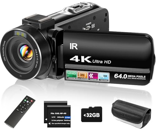 ZYDIIE 4K Video Camera Camcorder UHD 64MP Vlogging Camera for YouTube 18x Digital Zoom 3 270° Rotation IPS Touchscreen Video Camcorder with Night Vision, Remote Control, 32GB Card, 2 Batteries
