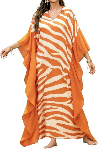 Bsubseach Kaftan Dresses for Women Plus Size Swimsuit Cover Ups Stripe Print Maxi Beach Caftan Moo Moos Dress White Orange