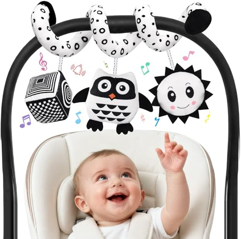 Giocattolo per Passeggino, Giocattolo di Peluche Sospeso a Contrasto Bianco E Nero per Culla/Seggiolino Auto/Marsupio, Giocattolo Baby Activity Spiral con Musica, Adatto a Bambini da 0 a 6 Mesi