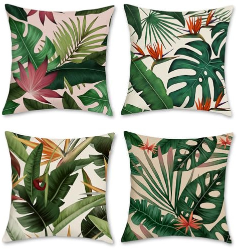 Bonhause Federe per Cuscini Foglie Tropicali 40 x 40 cm Copricuscini Decorativi Foglie Pianta Verdi Poliestere Biancheria Estate Federa per Cuscino Divano Letto Casa Decorazione Set di 4