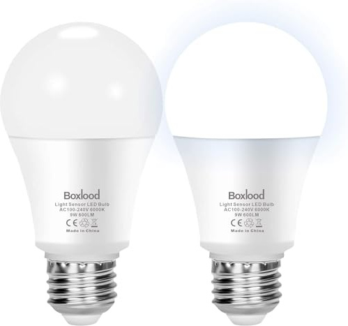 Boxlood gryning till skymning glödlampor, 9 W 60 Watt ekvivalent E27 ljussensor LED-glödlampor, dagsljus 6 000 K, smart automatisk på/av, 800 LM utomhus inomhusbelysning glödlampa för veranda trädgård