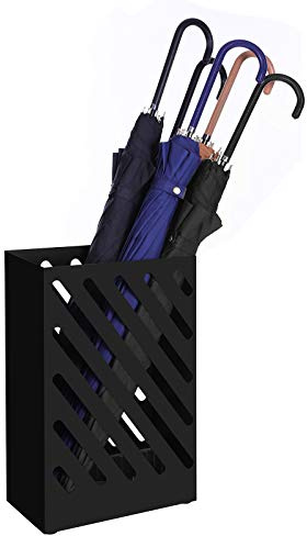 SONGMICS Metal Umbrella Stand, Rectangular Umbrella Holder Rack, with a Removable Drip Tray, 4 Hooks, Hollow-Out Design, for Entryway, Office, Black ULUC03BK