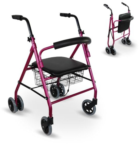 Mobiclinic®, Andador para ancianos, Modelo prado, Rollator, De aluminio, Ligero y plegable, Frenos por presión, Con asiento, Cesta 4 ruedas, Caminador mayores, Marca española, Color rosa