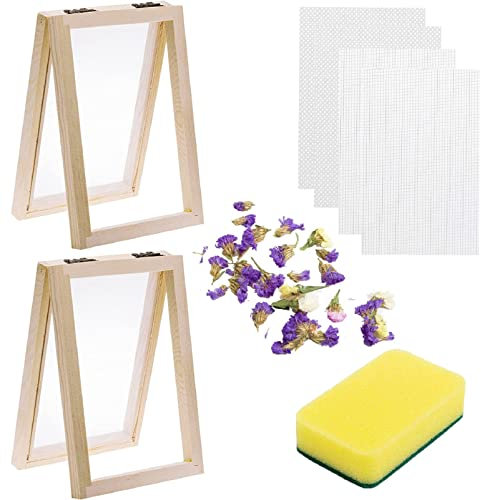 Holz Papierherstellung Kit, beinhaltet 2 Stück 12,7 x 17,8 cm Papierschöpfrahmen, getrocknete Blumen, Schwamm mit Ersatz-Mesh Tuch