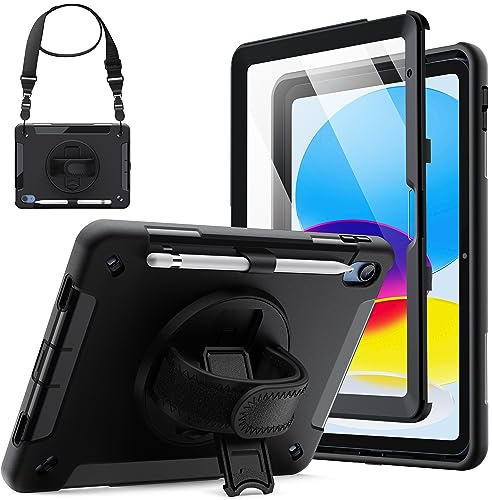 JETech Custodia per iPad (A16) 11a/10a Generazione (2025/2022) con Integrato Pellicola Prottetiva, Cover per Antiurto, Tracolla Supporto Rotante 360 Gradi (Nero)