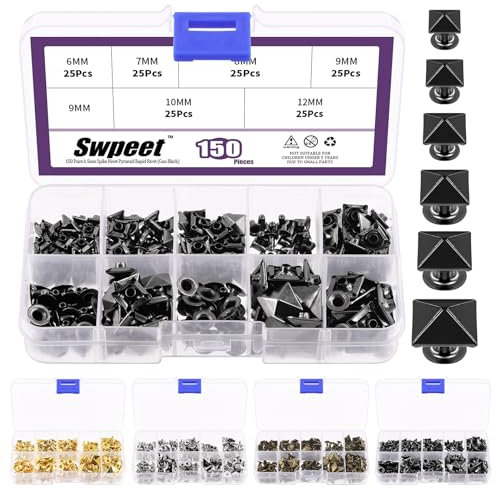 Swpeet 150Pcs 6-Größen 6mm/7mm/8mm/9mm/10mm/12mm Gun Schwarze Spike Niete Pyramide Schnelle Nieten Studs Kit, Quadratische Nieten Metall Pyramide für Tasche Leder Kleidung Schuhe Niete Handwerk DIY