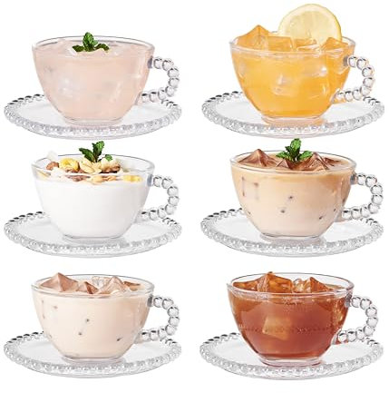 Eden & Willow Pearl Beaded Glass Cup and Saucer Set | Modern Tea and Coffee Drinkware Set (6, Pearl Beaded)