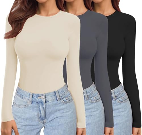 Ekouaer Camisetas Térmicas de Manga Larga para Mujer 1&3 Pack Negro + Gris Oscuro + Beige XS