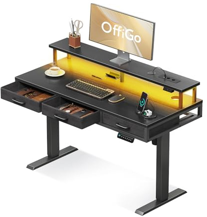 OffiGo Mesa Elevable Escritorio con Cajones, Escritorio Elevable con Soporte para Monitor, 120cm Mesa Gaming con Carga y Luces LED, Mesa Regulable Altura, Negro